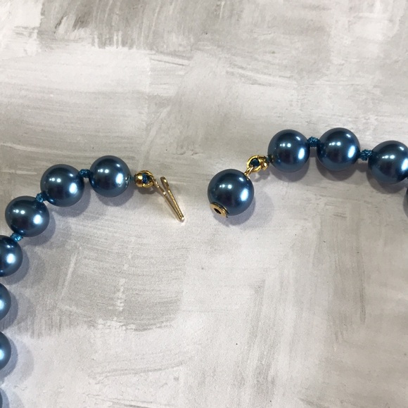 Vintage Hand Knotted Steel Blue Faux Pearl Necklace; 24"; Ball Bead Clasp - Picture 2 of 8